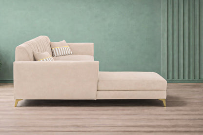 Adorn India Premium Luster 6 Seater L Shape Sofa Set | Velvet Suede Fabric | 3-Year Warranty | LHS |Color Cream with Golden Legs & Striped Pattern Cushion