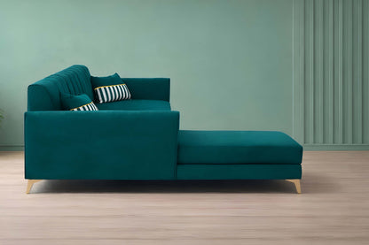 Adorn India Premium Luster 6 Seater L Shape Sofa Set | Velvet Suede Fabric | 3-Year Warranty | LHS |Color Ocean Blue with Golden Legs & Striped Pattern Cushion