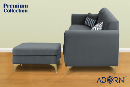 Adorn India Premium Luster 4 Seater L Shape Sofa Set | Velvet Suede Fabric | 3-Year Warranty | Color Dark Grey with Golden Legs & Striped Pattern Cushion