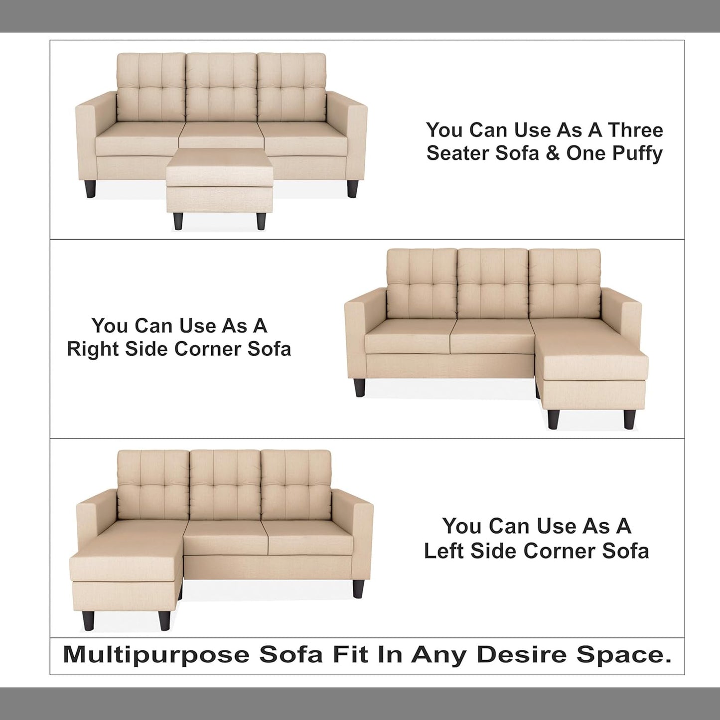 Adorn India Darcy L Shape 4 Seater Sofa Set (Beige)