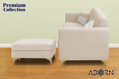 Adorn India Premium Luster 4 Seater L Shape Sofa Set | Velvet Suede Fabric | 3-Year Warranty | Color Cream with Golden Legs & Striped Pattern Cushion