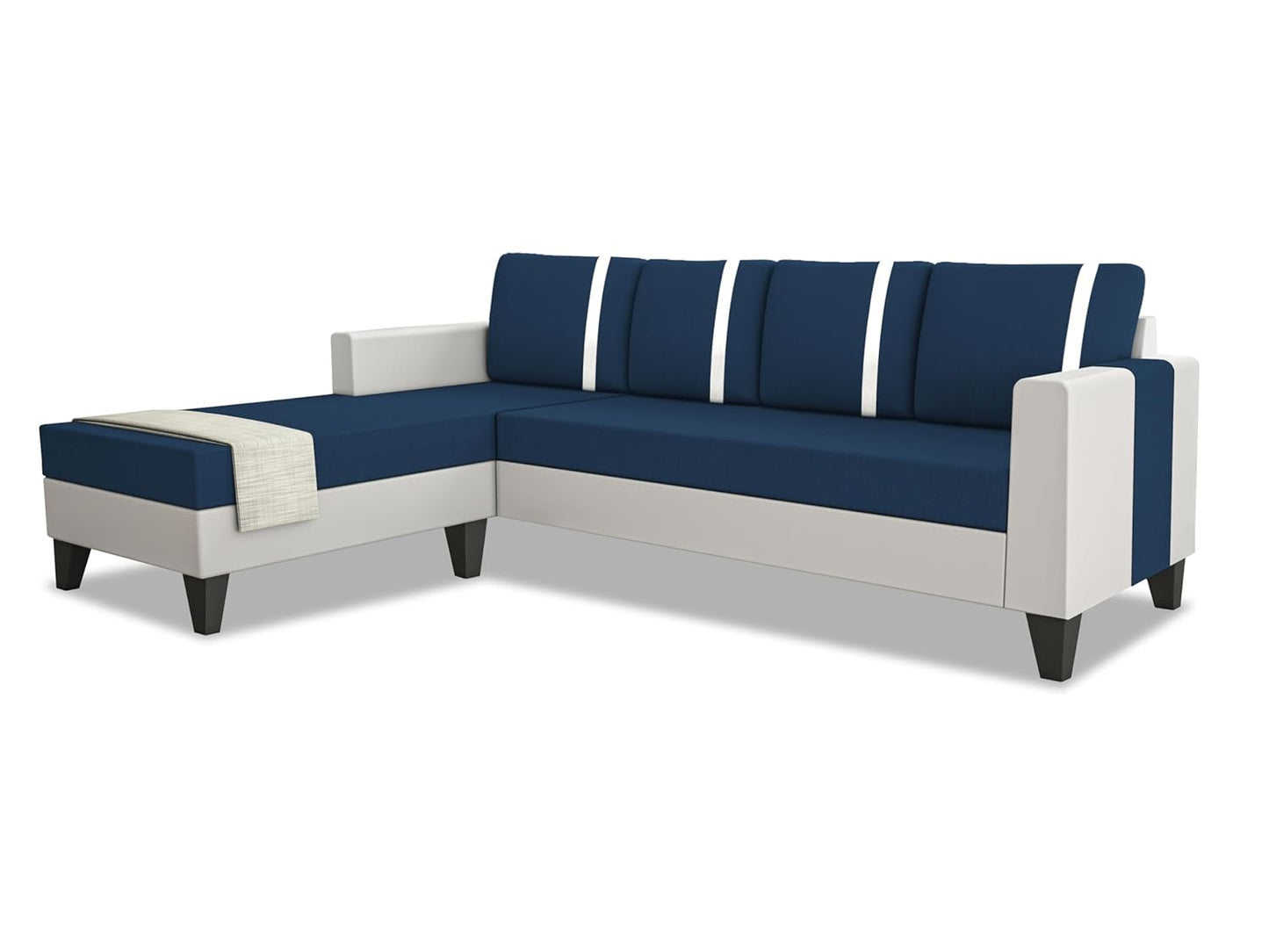 Adorn India Ashley Leatherette Fabric L Shape 5 Seater Sofa Set Stripes LHS (Blue & White)