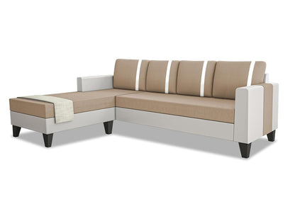 Adorn India Ashley Stripes Leatherette Fabric L Shape 5 Seater Sofa Set LHS (Beige & White)