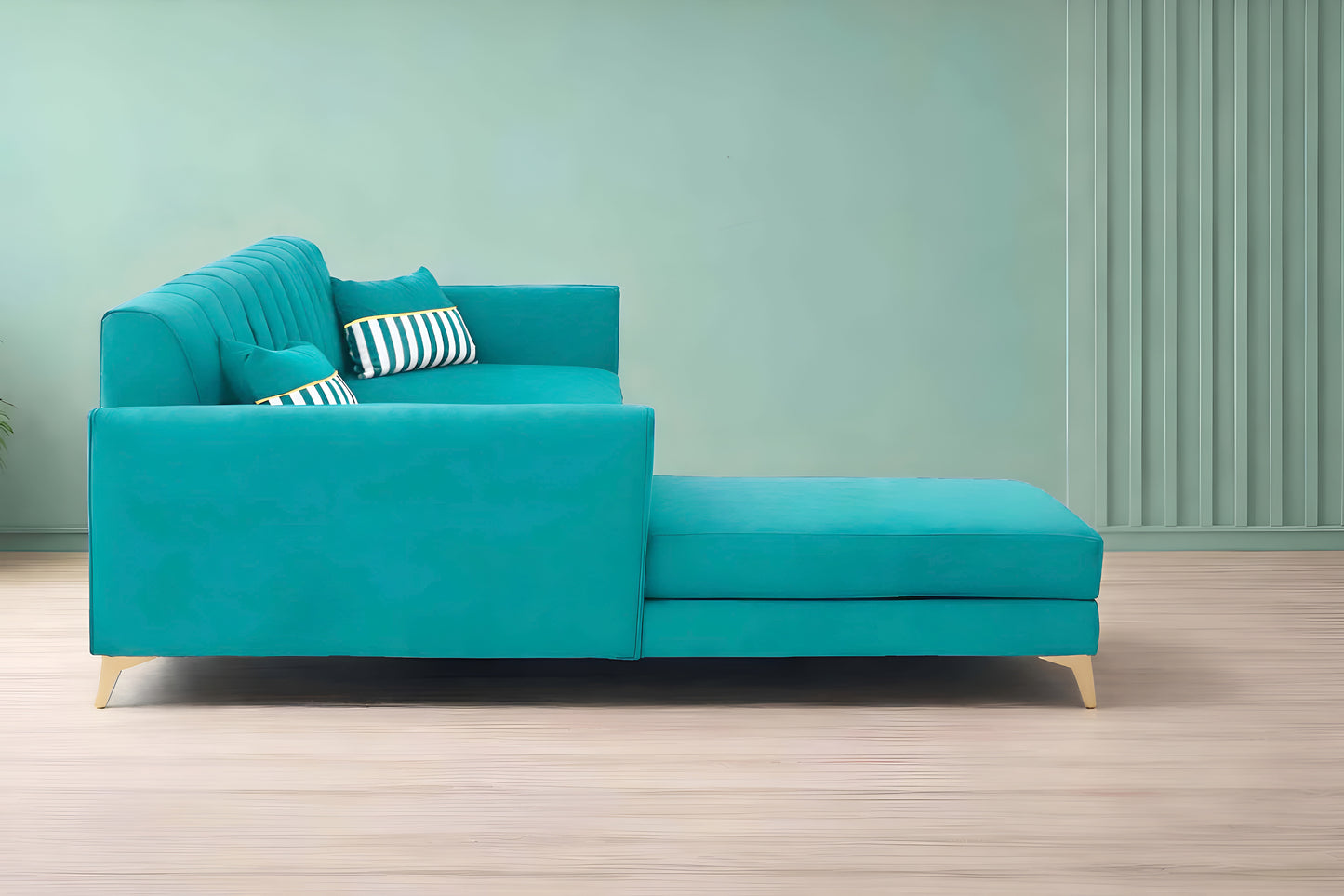 Adorn India Premium Luster 6 Seater L Shape Sofa Set | Velvet Suede Fabric | 3-Year Warranty | LHS |Color Aqua Blue with Golden Legs & Striped Pattern Cushion