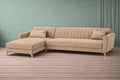 Adorn India Premium Luster 6 Seater L Shape Sofa Set | Velvet Suede Fabric | 3-Year Warranty | LHS |Color Beige with Golden Legs & Striped Pattern Cushion