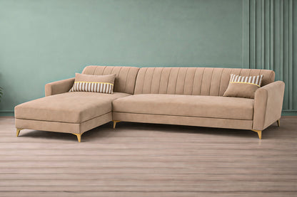Adorn India Premium Luster 6 Seater L Shape Sofa Set | Velvet Suede Fabric | 3-Year Warranty | LHS |Color Beige with Golden Legs & Striped Pattern Cushion