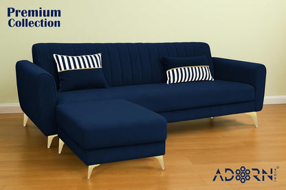Adorn India Premium Luster 4 Seater L Shape Sofa Set | Velvet Suede Fabric | 3-Year Warranty | Color Blue with Golden Legs & Striped Pattern Cushion