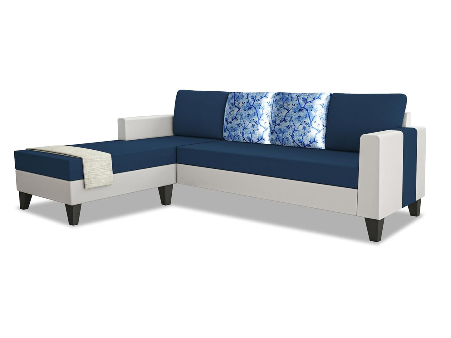 Adorn India Ashley Leatherette Fabric L Shape 5 Seater Sofa Set Digital Print LHS (Blue & White)