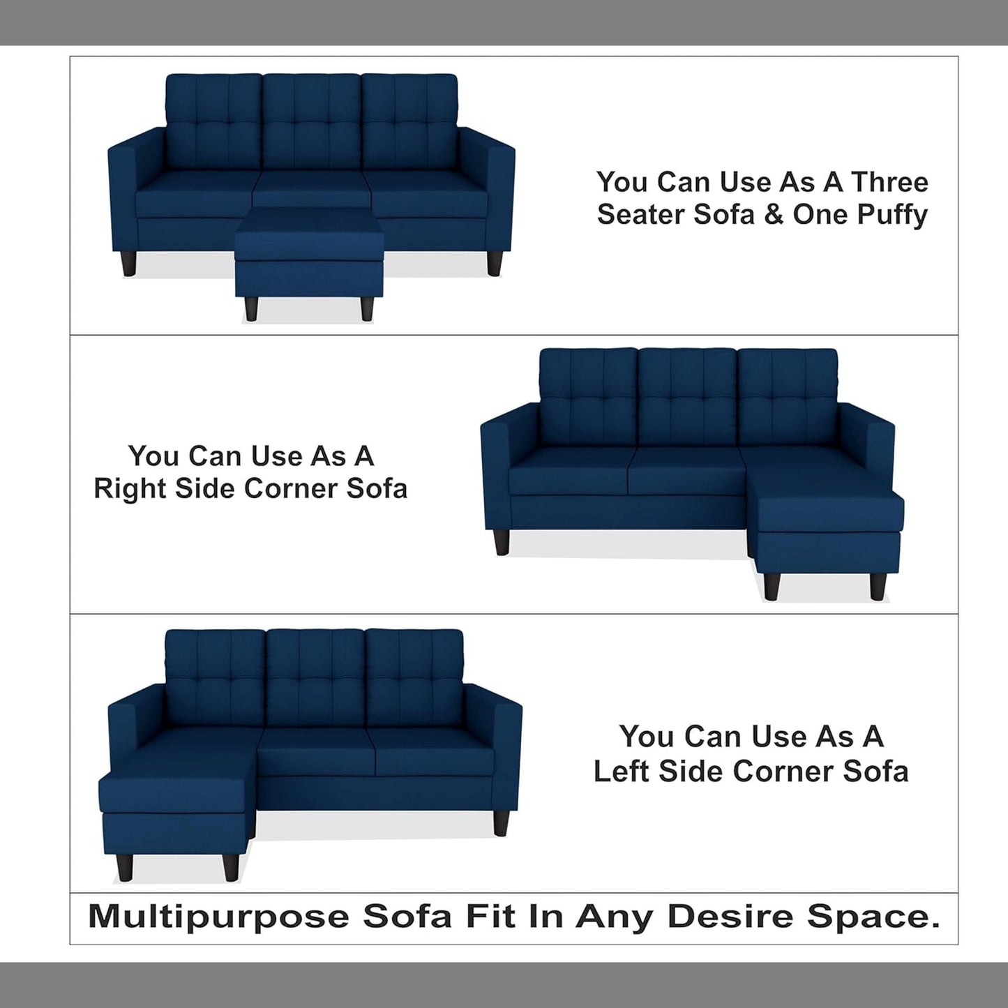 Adorn India Darcy L Shape 4 Seater Sofa Set (Blue)