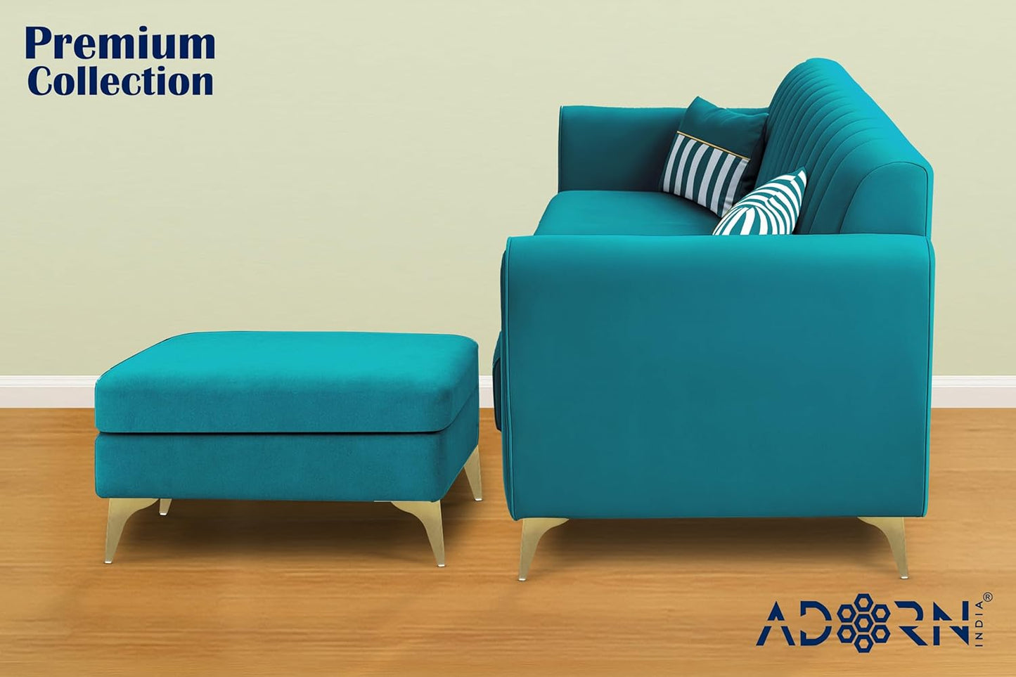 Adorn India Premium Luster 4 Seater L Shape Sofa Set | Velvet Suede Fabric | 3-Year Warranty | Color Aqua Blue with Golden Legs & Striped Pattern Cushion