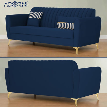 Adorn India Premium Luster 3-1-1 Sofa Set | Velvet Suede Fabric | 3-Year Warranty | Color Blue with Golden Legs & Striped Pattern Cushion