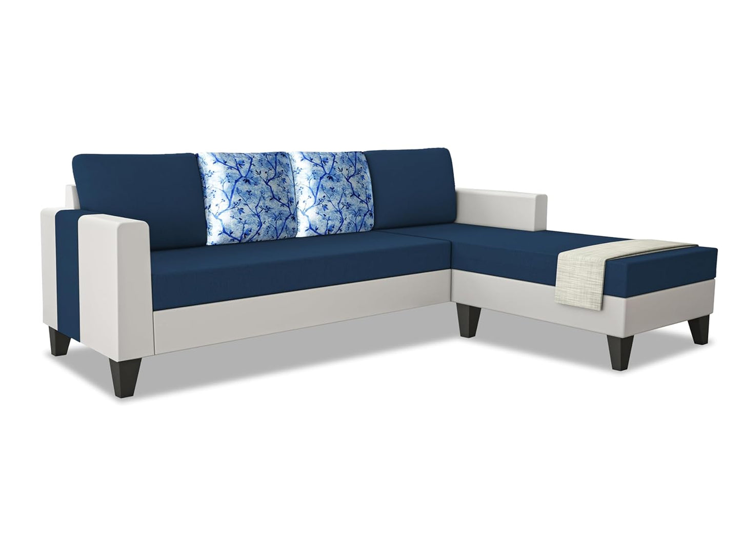 Adorn India Ashley Leatherette Fabric L Shape 5 Seater Sofa Set Digital Print RHS (Blue & White)