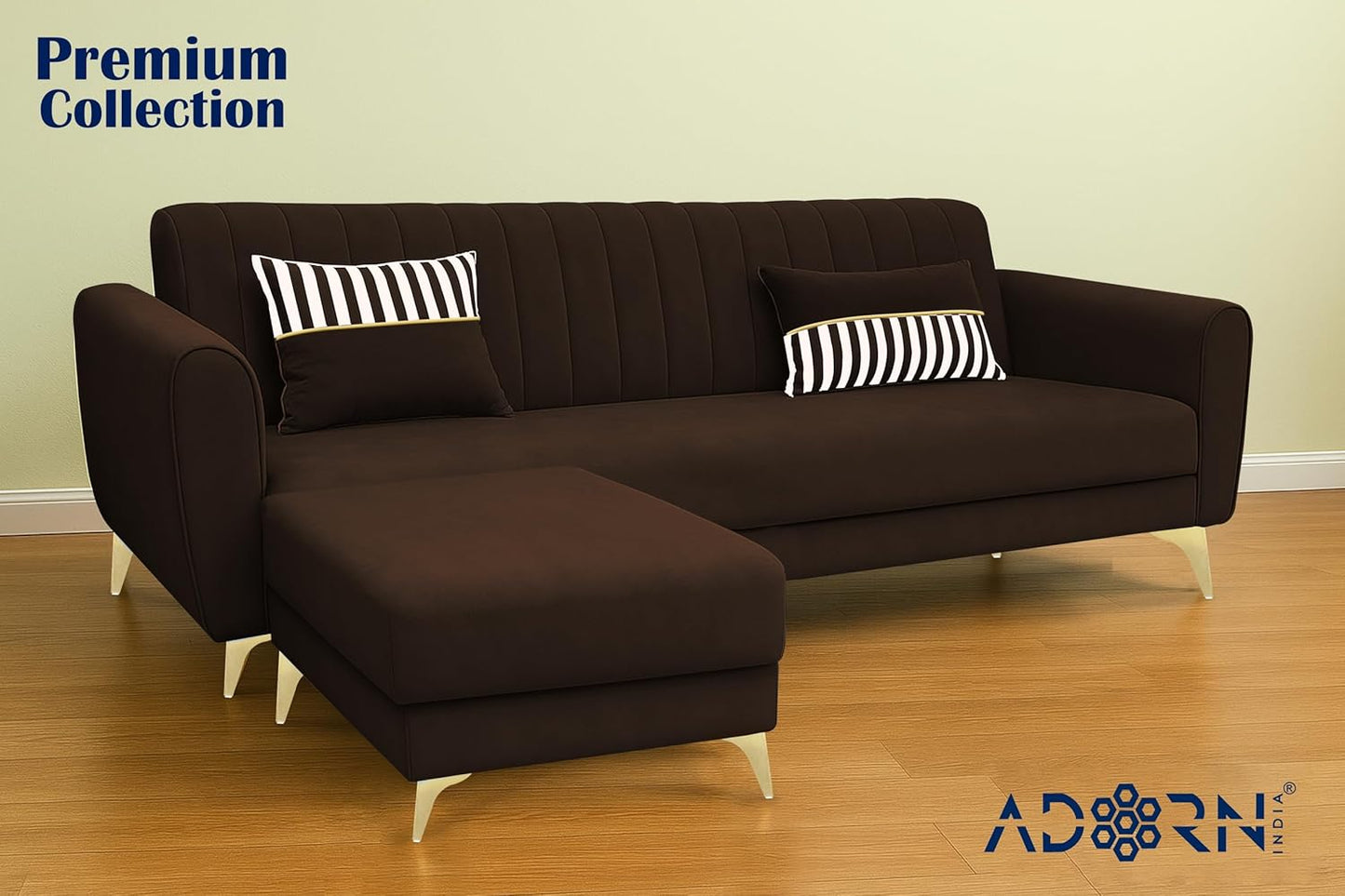 Adorn India Premium Luster 4 Seater L Shape Sofa Set | Velvet Suede Fabric | 3-Year Warranty | Color Grey Brown with Golden Legs & Striped Pattern Cushion
