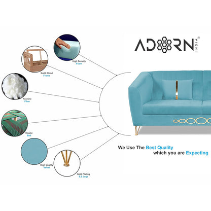 Adorn India Premium Camilla 3 Seater Sofa (Velvet Suede Fabric Colour Aqua Blue)