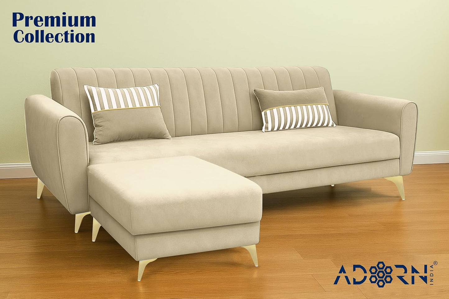 Adorn India Premium Luster 4 Seater L Shape Sofa Set | Velvet Suede Fabric | 3-Year Warranty | Color Beige with Golden Legs & Striped Pattern Cushion