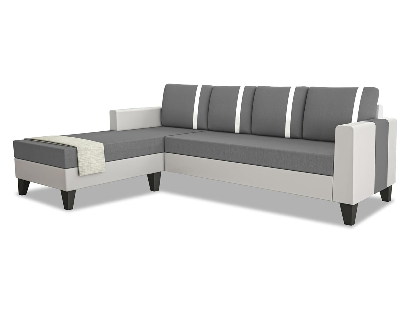 Adorn India Ashley Stripes Leatherette Fabric L Shape 5 Seater Sofa Set LHS (Grey & White)