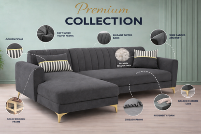Adorn India Premium Luster 6 Seater L Shape Sofa Set | Velvet Suede Fabric | 3-Year Warranty | LHS |Color Dark Grey with Golden Legs & Striped Pattern Cushion