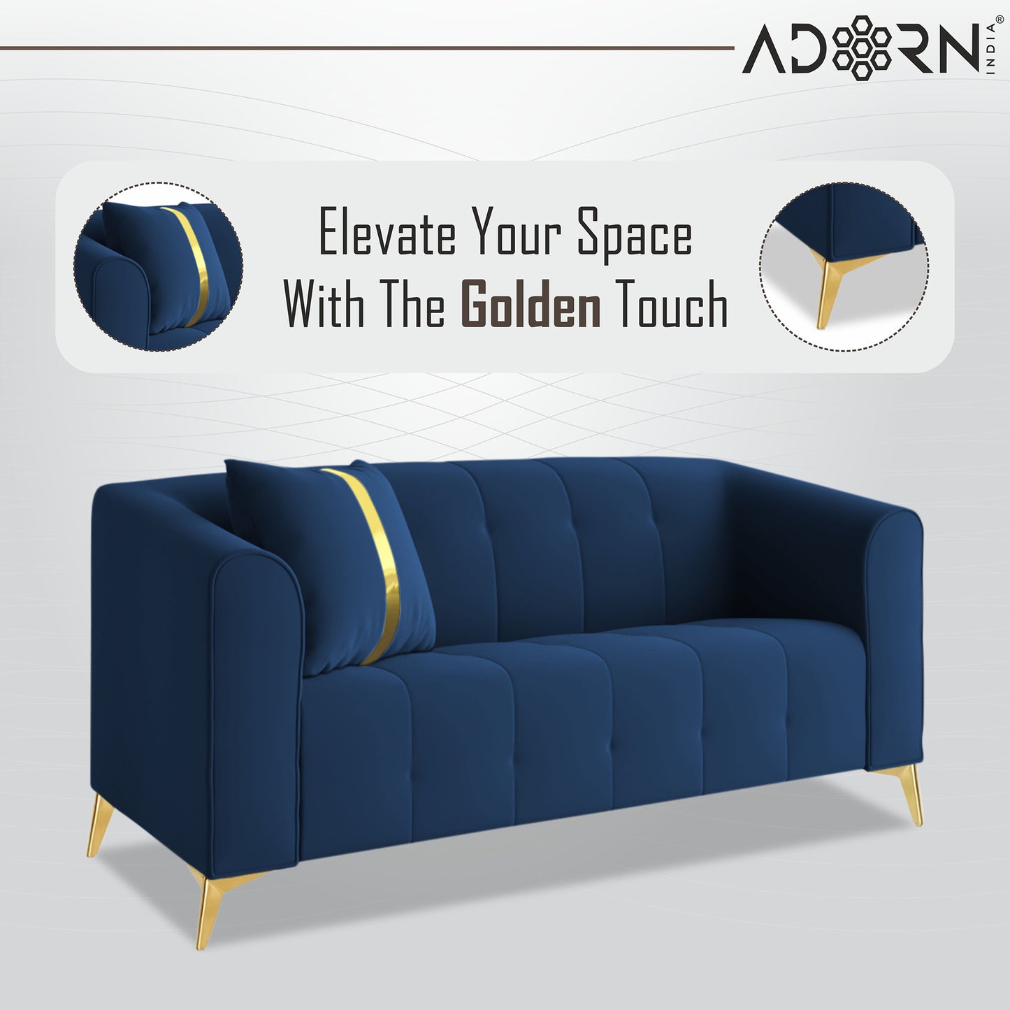 Adorn India Premium Mystic - 3 Years Warranty - 2 Seater Sofa Velvet Suede Fabric - Blue