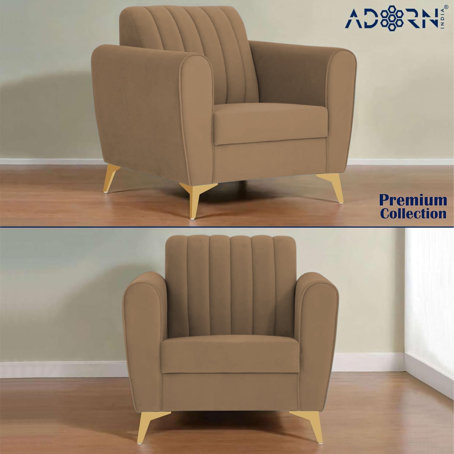 Adorn India Premium Luster 3-2-1 Sofa Set | Velvet Suede Fabric | 3-Year Warranty | Color Camel with Golden Legs & Striped Pattern Cushion