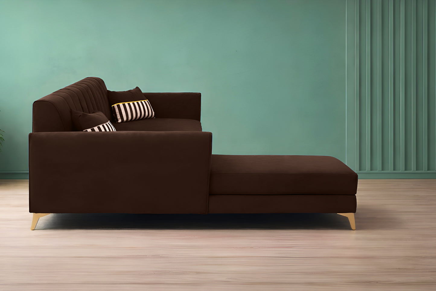 Adorn India Premium Luster 6 Seater L Shape Sofa Set | Velvet Suede Fabric | 3-Year Warranty | LHS |Color Brown with Golden Legs & Striped Pattern Cushion