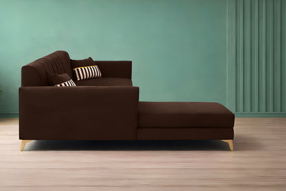 Adorn India Premium Luster 6 Seater L Shape Sofa Set | Velvet Suede Fabric | 3-Year Warranty | LHS |Color Brown with Golden Legs & Striped Pattern Cushion