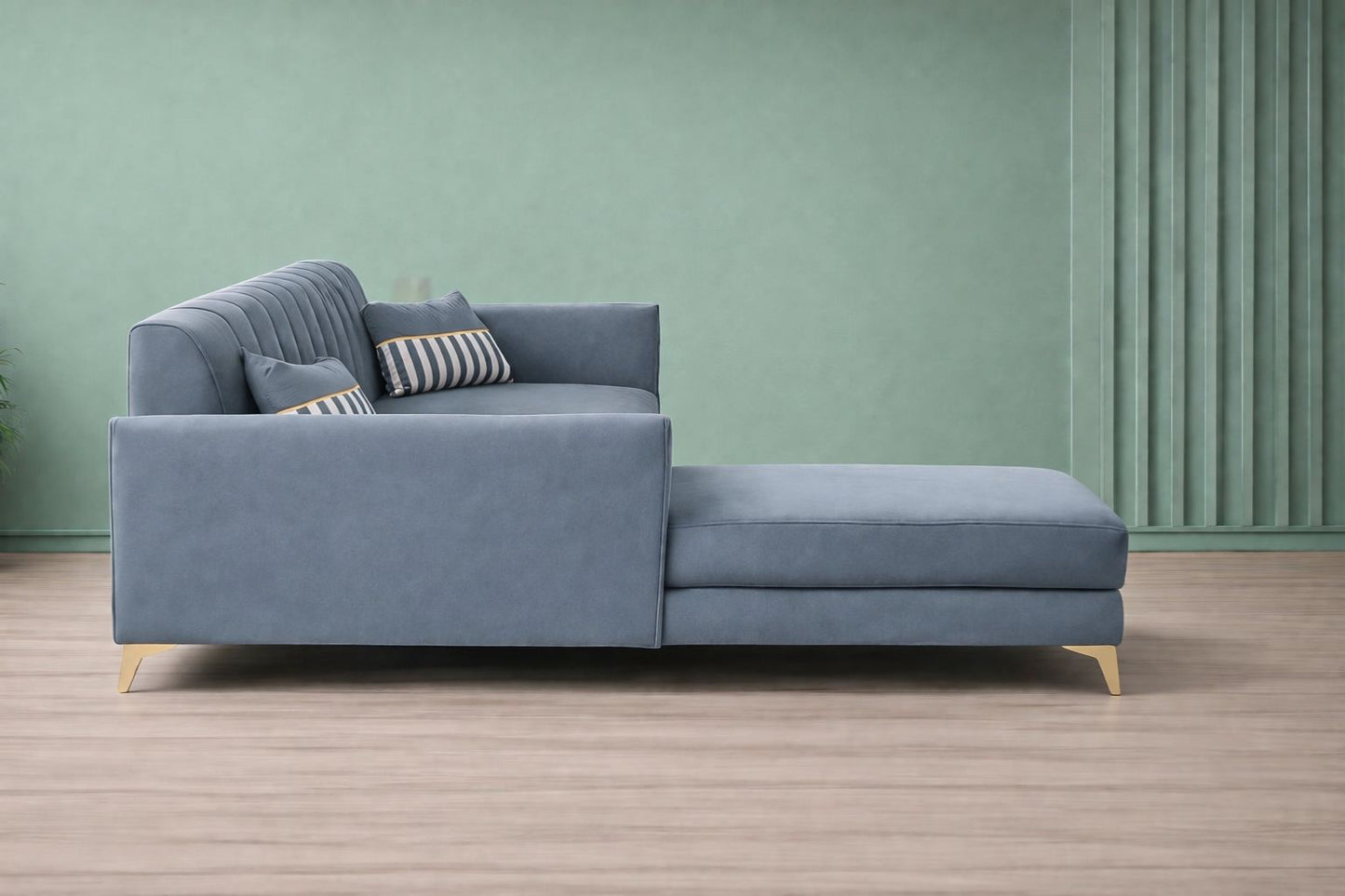 Adorn India Premium Luster 6 Seater L Shape Sofa Set | Velvet Suede Fabric | 3-Year Warranty | LHS |Color Grey with Golden Legs & Striped Pattern Cushion