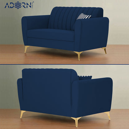 Adorn India Premium Luster 3+2 Sofa Set | Velvet Suede Fabric | 3-Year Warranty | Color Blue with Golden Legs & Striped Pattern Cushion
