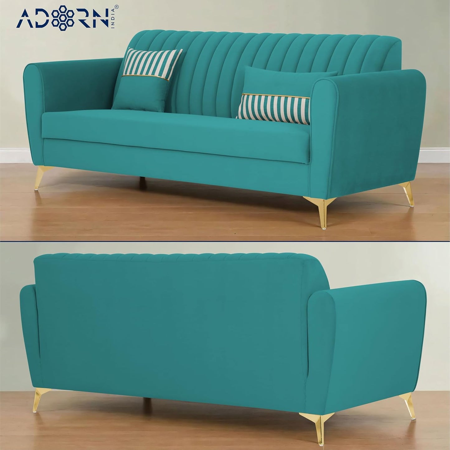 Adorn India Premium Luster 3-2 Sofa Set | Velvet Suede Fabric | 3-Year Warranty | Color Aqua Blue with Golden Legs & Striped Pattern Cushion (Copy)
