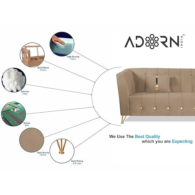 Adorn India Premium Lotus 3 Seater Sofa (Velvet Fabric Colour Camel)