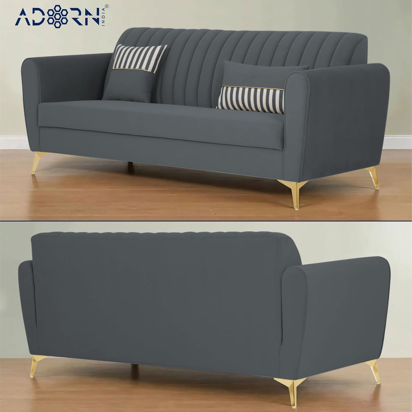 Adorn India Premium Luster 3+2+1 Sofa Set | Velvet Suede Fabric | 3-Year Warranty | Color Dark Grey with Golden Legs & Striped Pattern Cushion