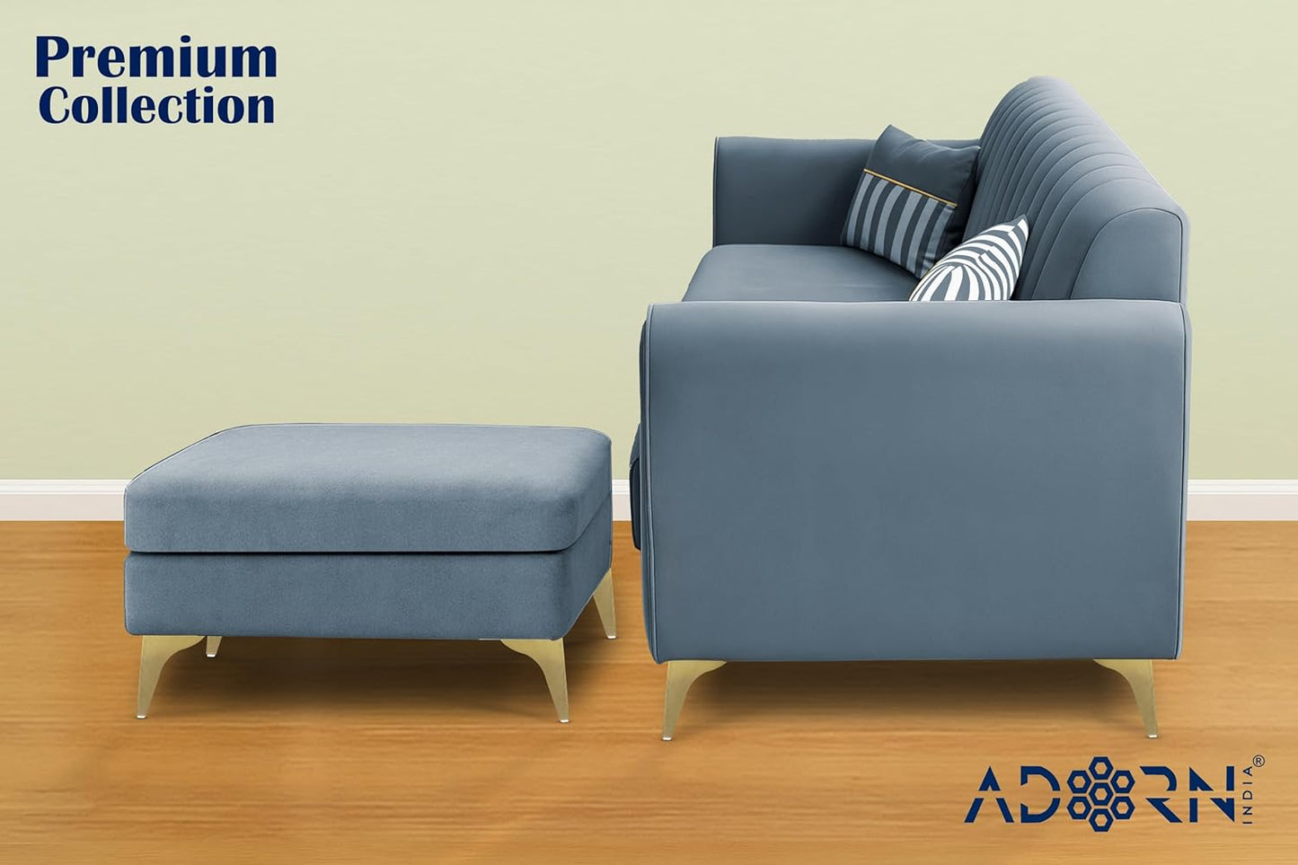 Adorn India Premium Luster 4 Seater L Shape Sofa Set | Velvet Suede Fabric | 3-Year Warranty | Color Grey with Golden Legs & Striped Pattern Cushion