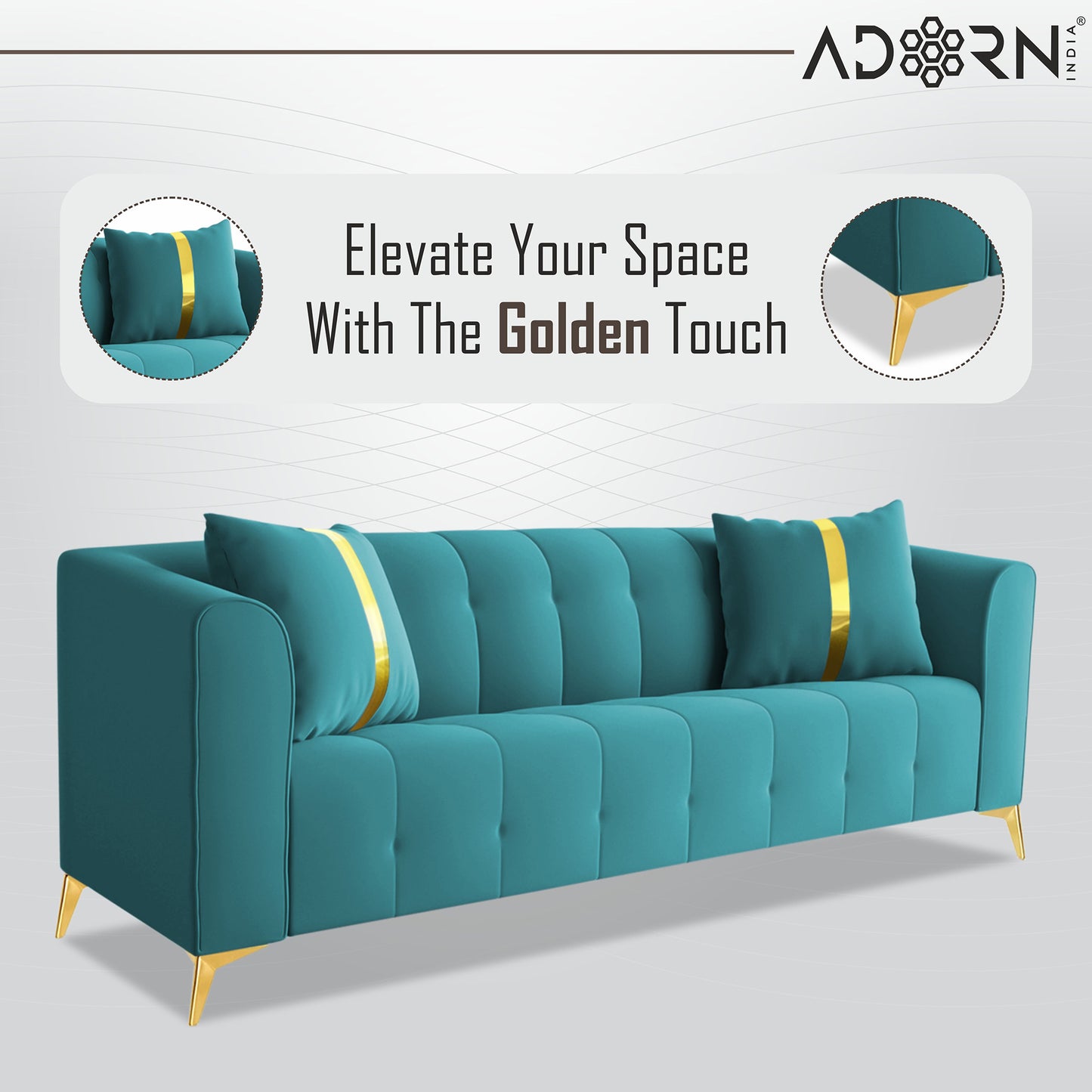 Adorn India Premium Mystic - 3 Years Warranty - 3 Seater Sofa Velvet Suede Fabric - Aqua Blue