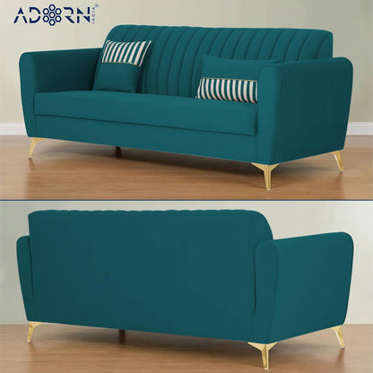 Adorn India Premium Luster 3-2-1 Sofa Set | Velvet Suede Fabric | 3-Year Warranty | Color Ocean Blue with Golden Legs & Striped Pattern Cushion
