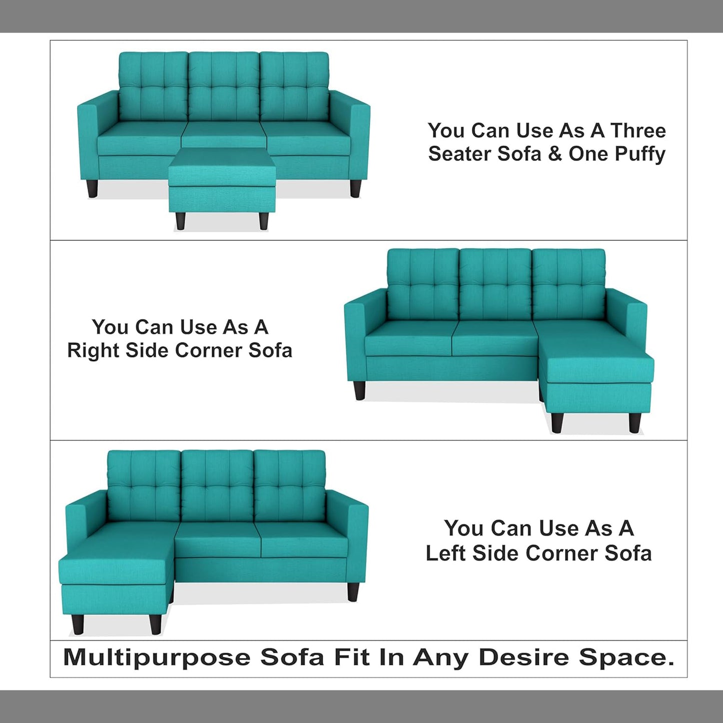 Adorn India Darcy L Shape 4 Seater Sofa Set (Aqua Blue)