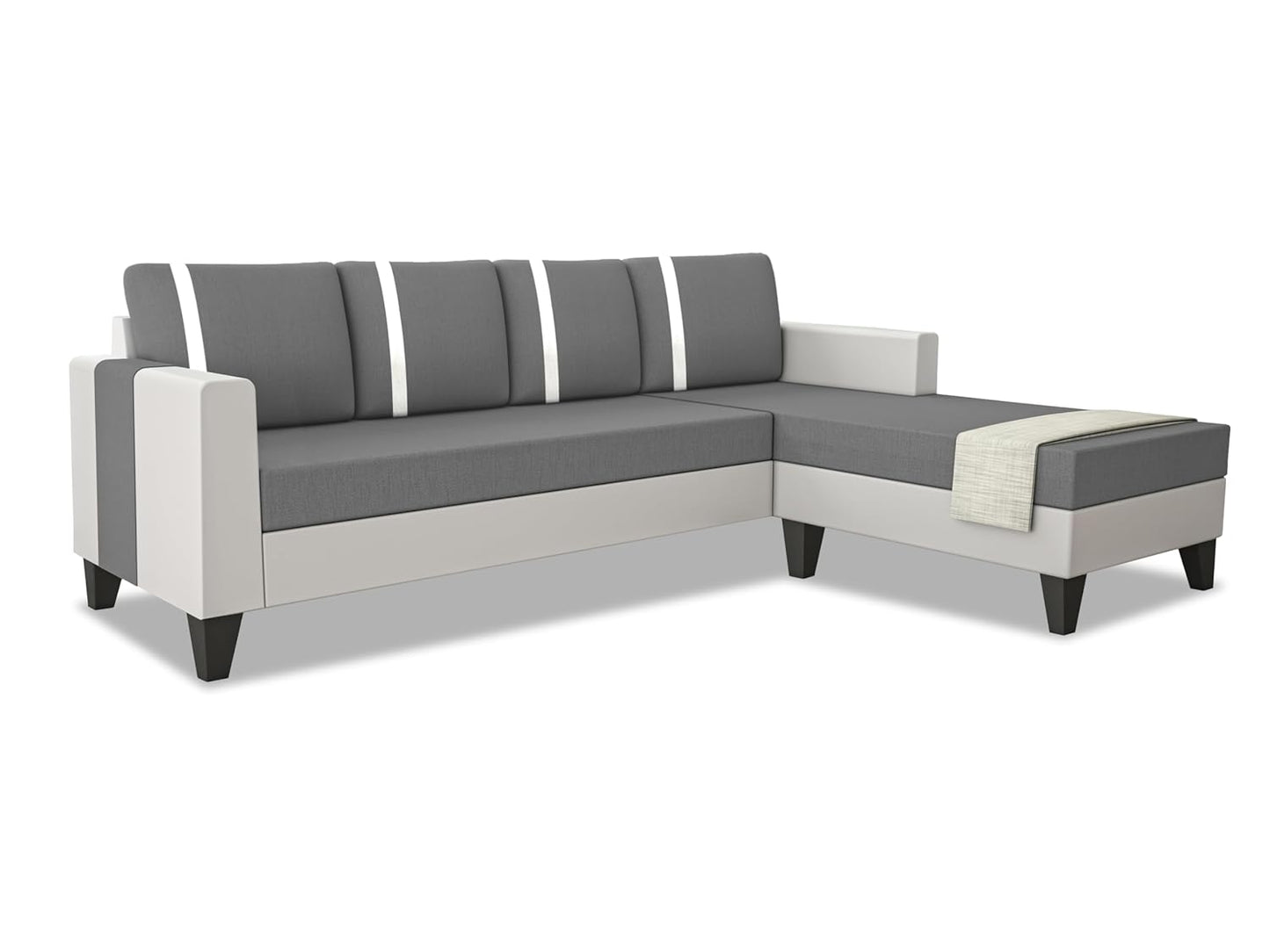 Adorn India Ashley Stripes Leatherette Fabric L Shape 5 Seater Sofa Set RHS (Grey & White)