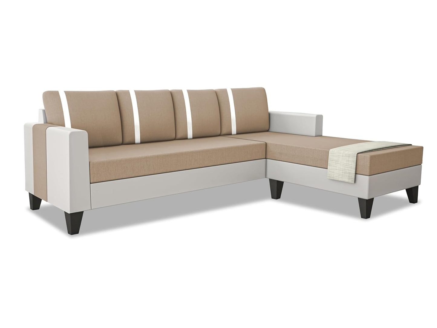 Adorn India Ashley Stripes Leatherette Fabric L Shape 5 Seater Sofa Set RHS (Beige & White)