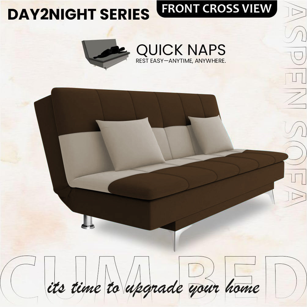 Adorn India Premium New Aspen 3 Seater Sofa Cum Bed 4X6 Velvet Suede with 2 Cushions (Color Brown & Beige) and Suitable for All Indoor, with 3 Years Warranty