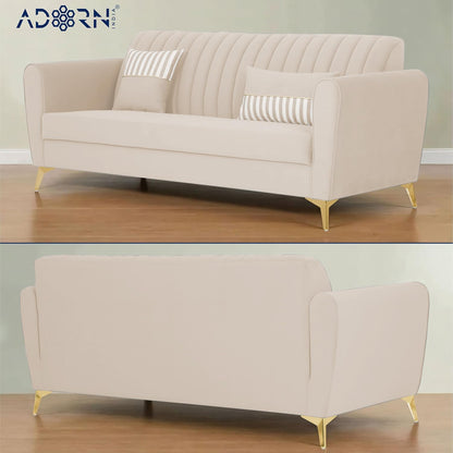 Adorn India Premium Luster 3-2-1 Sofa Set | Velvet Suede Fabric | 3-Year Warranty | Color Cream with Golden Legs & Striped Pattern Cushion