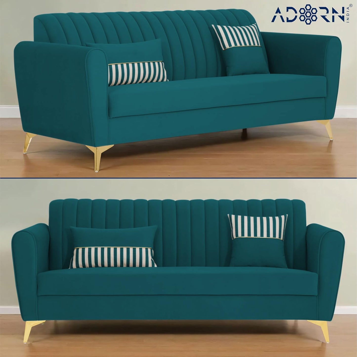 Adorn India Premium Luster 3-2 Sofa Set | Velvet Suede Fabric | 3-Year Warranty | Color Ocean Blue with Golden Legs & Striped Pattern Cushion