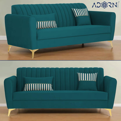 Adorn India Premium Luster 3-2 Sofa Set | Velvet Suede Fabric | 3-Year Warranty | Color Ocean Blue with Golden Legs & Striped Pattern Cushion