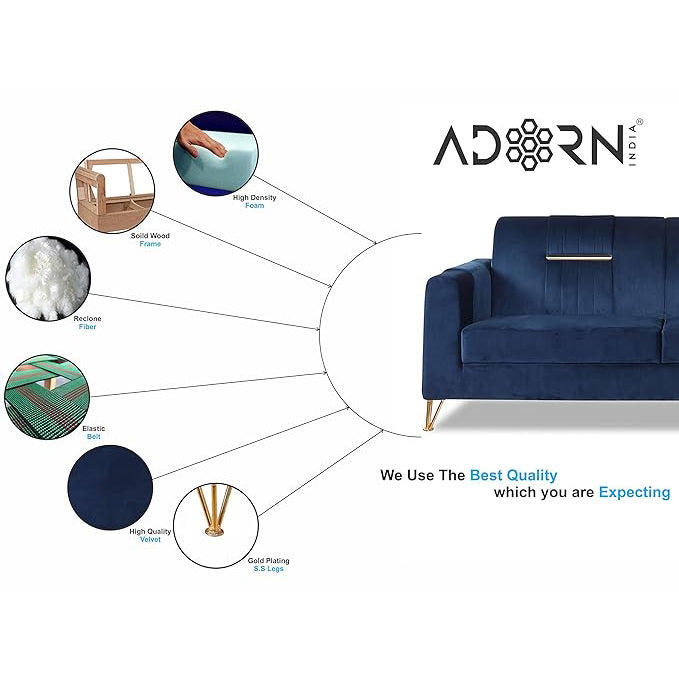 Adorn India Premium Benington 3 Seater Sofa (Velvet Suede Fabric Colour Blue)