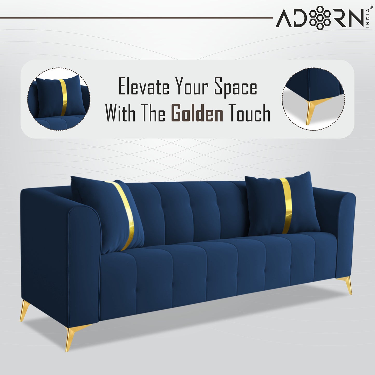 Adorn India Premium Mystic - 3 Years Warranty - 3 Seater Sofa Velvet Suede Fabric - Blue