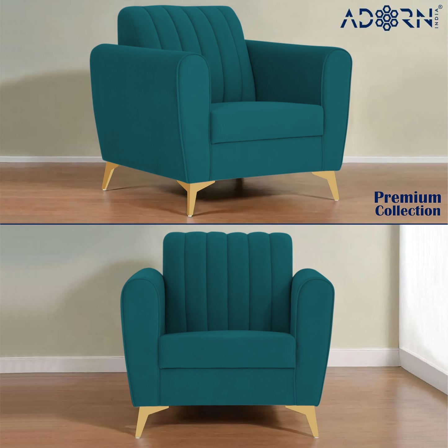 Adorn India Premium Luster 3-2-1 Sofa Set | Velvet Suede Fabric | 3-Year Warranty | Color Ocean Blue with Golden Legs & Striped Pattern Cushion