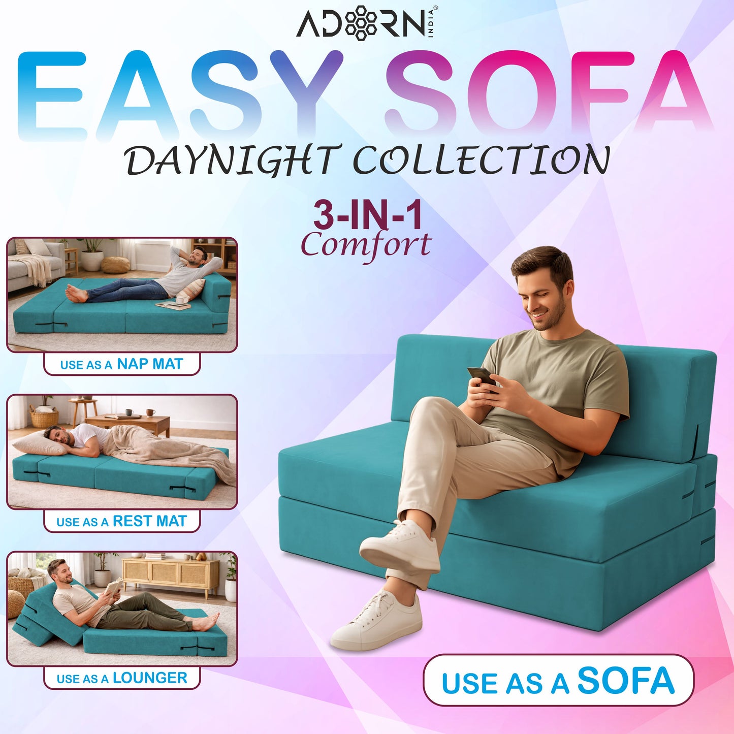 Adorn India Easy 3 Seater Sofa Cum Bed | Velvet Fabric | Aqua Blue | Plain Design | 6x5 Ft | Comfortable Seating | Washable Cover | Perfect for Home & Office