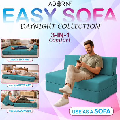 Adorn India Easy 3 Seater Sofa Cum Bed | Velvet Fabric | Aqua Blue | Plain Design | 6x5 Ft | Comfortable Seating | Washable Cover | Perfect for Home & Office