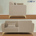 Adorn India Premium Luster 3 Seater | Velvet Suede Fabric | 3-Year Warranty | Color Beige with Golden Legs & Striped Pattern Cushion