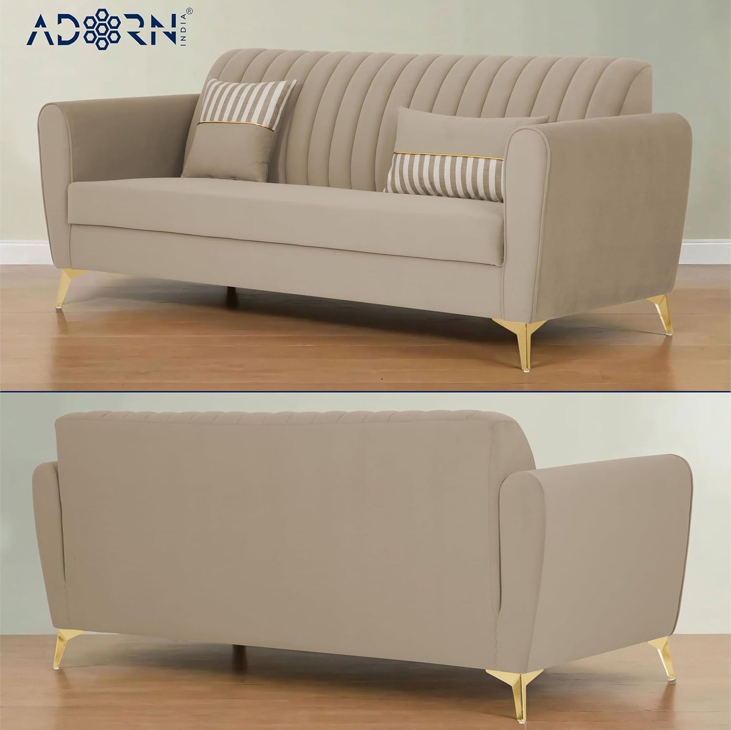 Adorn India Premium Luster 3+1+1 Sofa Set | Velvet Suede Fabric | 3-Year Warranty | Color Beige with Golden Legs & Striped Pattern Cushion