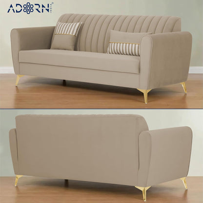 Adorn India Premium Luster 3+1+1 Sofa Set | Velvet Suede Fabric | 3-Year Warranty | Color Beige with Golden Legs & Striped Pattern Cushion