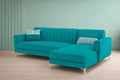 Adorn India Premium Luster 6 Seater L Shape Sofa Set | Velvet Suede Fabric | 3-Year Warranty | RHS |Color Aqua Blue with Golden Legs & Striped Pattern Cushion