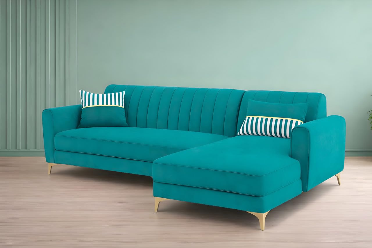 Adorn India Premium Luster 6 Seater L Shape Sofa Set | Velvet Suede Fabric | 3-Year Warranty | RHS |Color Aqua Blue with Golden Legs & Striped Pattern Cushion